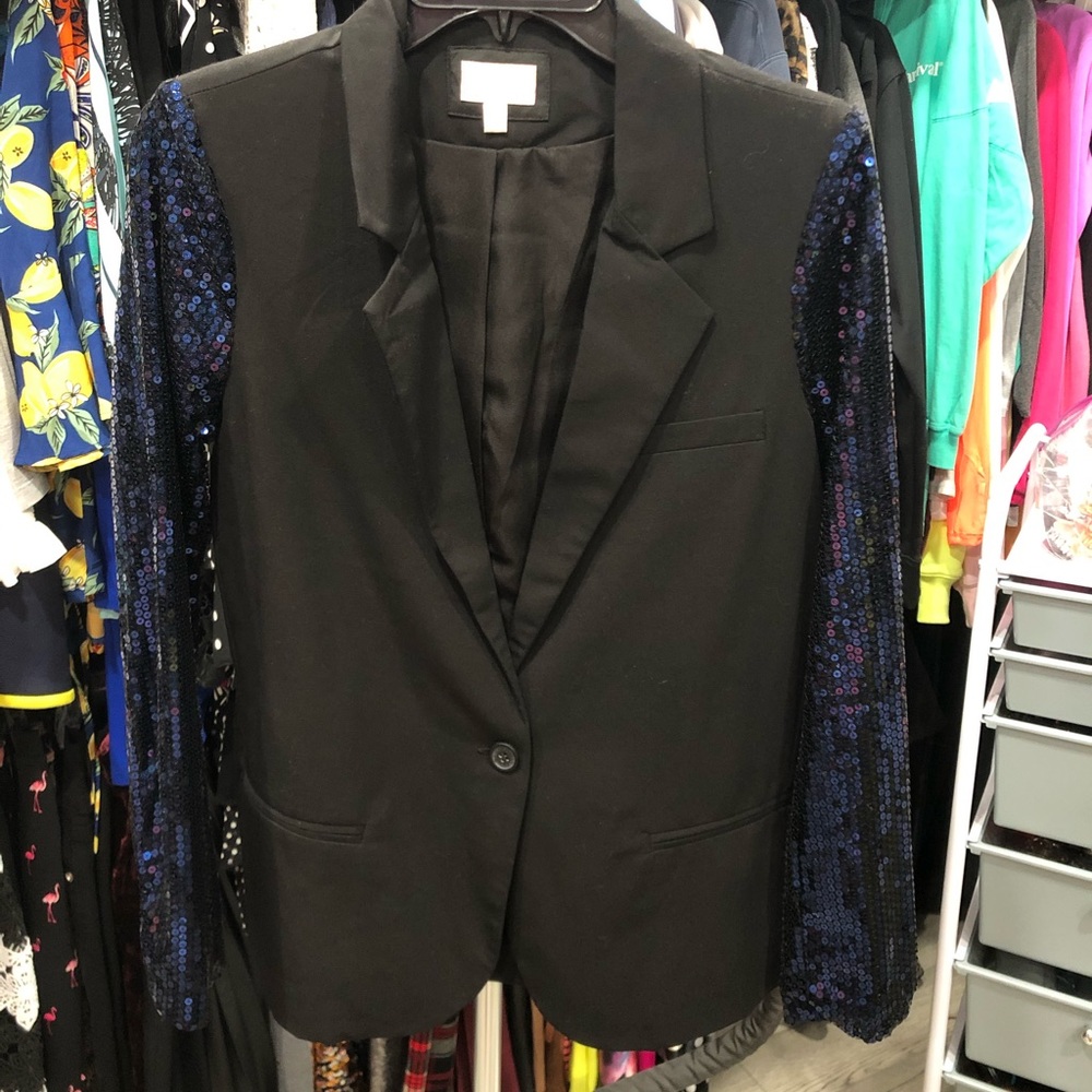 NWOT Black with Navy Sequin Sleeves Blazer